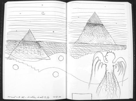 Image of original sketch for Pyramid Suite 8: She Watches, She Waits to Fly by Ed Pas