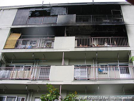 burnt and smoke-damaged balconies, the morning after