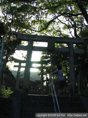 boy climbing stairway through torii towards Sugawara Jinja
