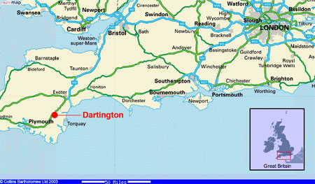map of UK, showing the location of Dartington