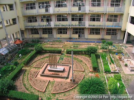 view of the school courtyard and garden