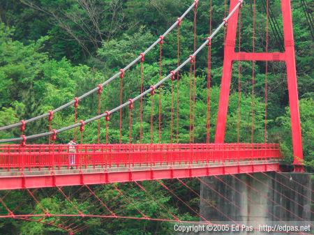 detail view of suspension bridge, with pedestrian