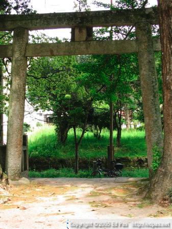 view from a few metres inside the grounds of Nishi Ono Hachimangu, with my bike across the street