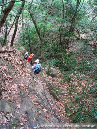 photo of people climbing down the steep rocks towards the first stage falls, showing the context