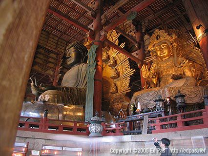 Daibutsu and another large statue inside Todaiji Temple, Nara