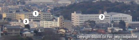 cropped and labelled view of Tobata from the art museum, with Tenraiji Elementary School and Tobata High School